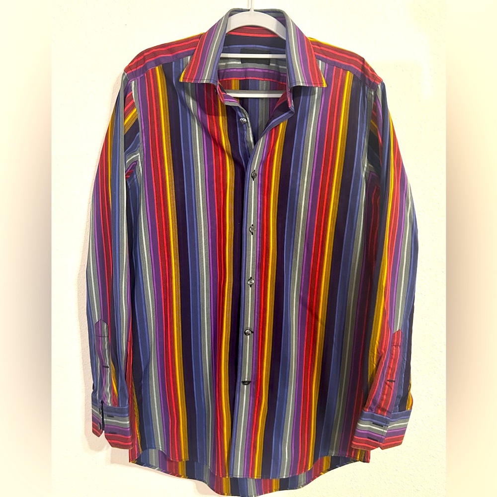Duchamp London Italian Colorful Vertical Striped Fitted Button-Down Shirt 15